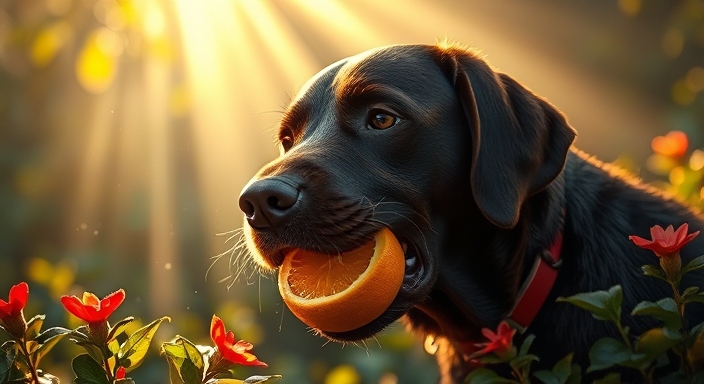 Dog eating orange